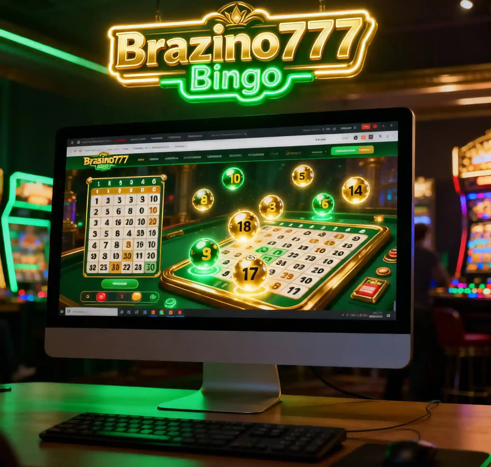 Neon computer screen showing Brazino777 Bingo game